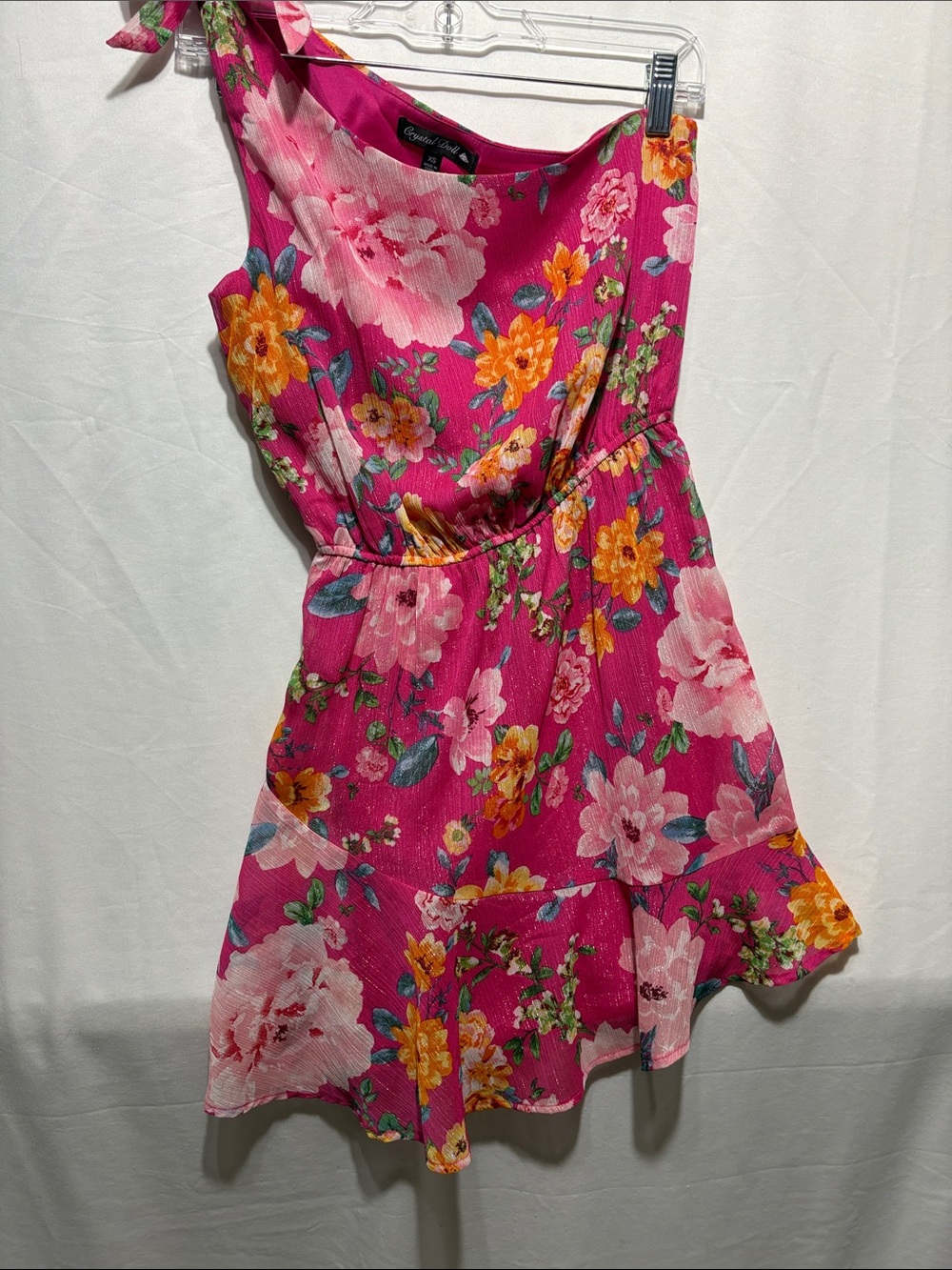 Crystal Doll Fuchsia Floral One-Shoulder Summer Dress